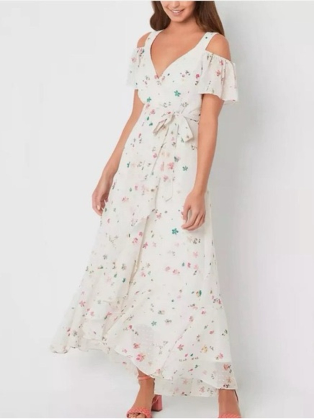 Melonie T Maxi Dress Gown Straps Sleeves Cold Shoulder Ivory Multi Floral 12